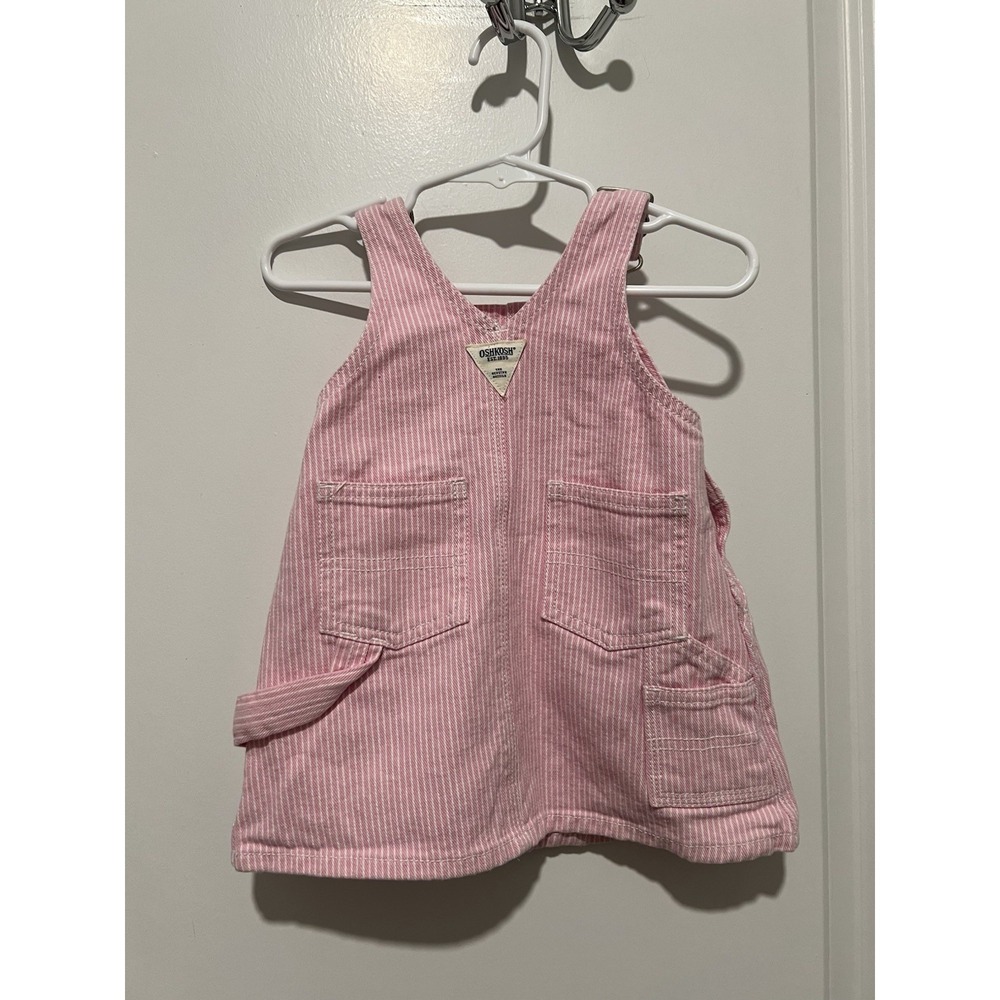 Vintage Oshkosh B'gosh Baby Girls Pink/White Striped Bib Jumper Overalls 6-9 M - Picture 2 of 7